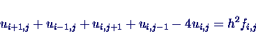 \begin{displaymath}
u_{i+1,j} + u_{i-1,j} + u_{i,j+1} + u_{i,j-1} - 4 u_{i,j} = h^2 f_{i,j}
\end{displaymath}