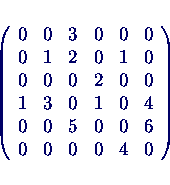 \begin{displaymath}
\left(
\begin{array}{cccccc}
0 & 0 & 3 & 0 & 0 & 0 \\
0...
...& 0 & 0 & 6 \\
0 & 0 & 0 & 0 & 4 & 0
\end{array}
\right)
\end{displaymath}